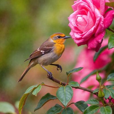 The primary subject of the image is a small bird perched on a branch of a pink rose bush. The bird is positioned close to the center of the image, and the rose bush is located towards the right side of the frame. The setting appears to be a garden or a natural environment with the rose bush as the main focus. The visual style of the image is a close-up of the bird on the branch, capturing the details of the bird and the rose bush. The colors and mood of the image are predomin